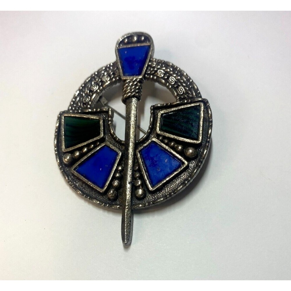 Celtic Circle Pin Brooch Jewelry Irish Scotland 3" Tall Pewter Blue/Green Glass